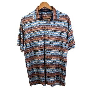 Rafter C Polo Shirt Blue Brown Aztec Golf Performance Pearl Snap Western Medium